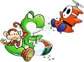 Yoshi spitting seeds at a Flyguy