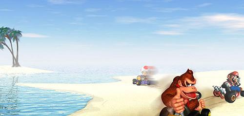 Donkey Kong, Mario and Toad racing on Koopa Beach